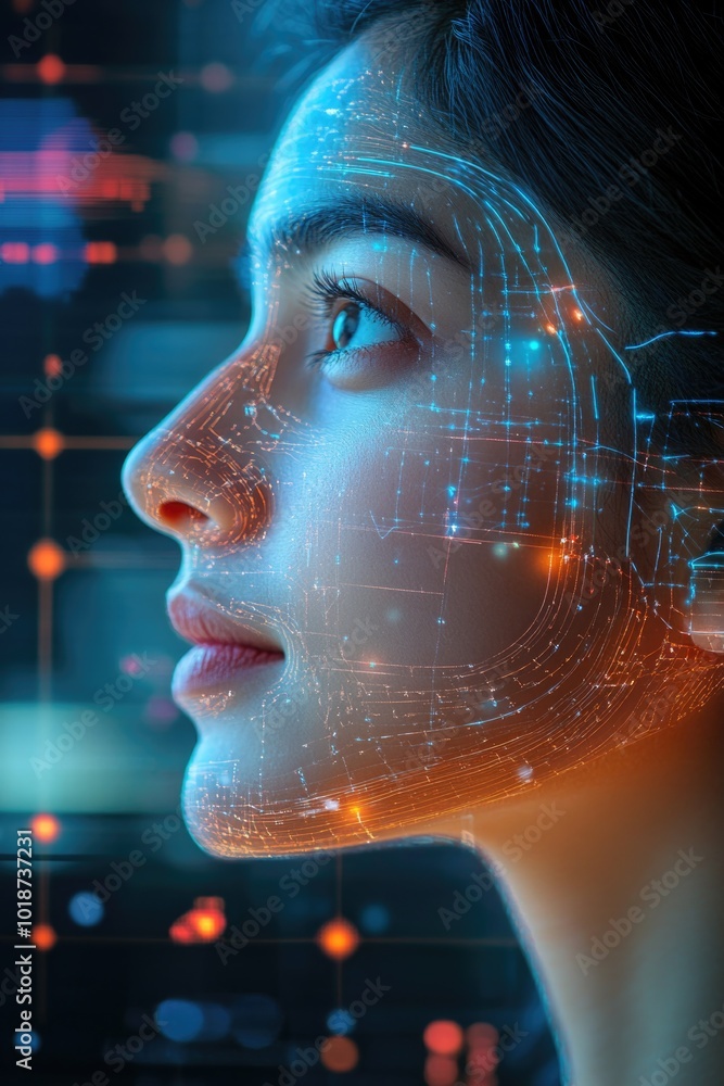 Poster A woman's face with geometric patterns of lines and dots in the background
