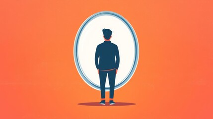 Illustration of a person silhouetted in front of an oval mirror on an orange background, symbolizing self-reflection and identity exploration.