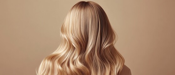 Fototapeta premium Beautiful wavy blonde hair cascading down against a neutral background, evoking a sense of elegance and serenity.