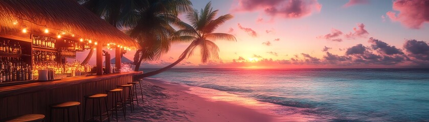 A serene beach sunset with vibrant colors, palm trees, and a lively bar illuminated by warm lights, perfect for tropical getaway imagery.