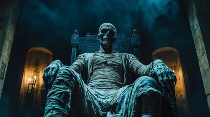 Fototapeta premium A haunting image of a seated, robed mummy with a skeletal face, sitting on a throne in an eerie, dimly-lit chamber surrounded by mist, perfect for horror-themed promotions or Halloween content,