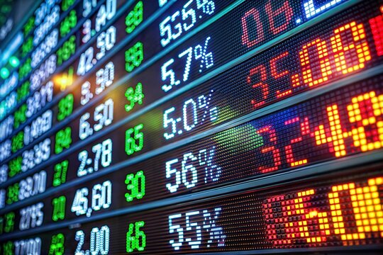 Real-time stock market ticker display with financial data and symbols