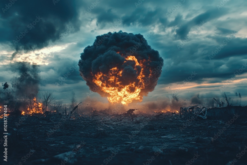 Poster a massive explosion of smoke and fire in an open field