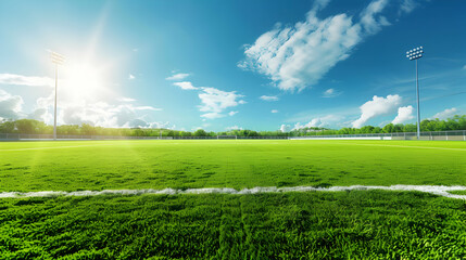 Obraz premium fussballfeld, Soccer Field with Mowed Green Grass in an Empty Stadium Under Blue Sky 