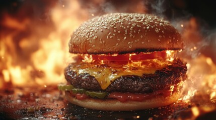 Delicious Burger with Flames: Perfect for Food Promotions and Menus