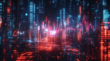 Fototapeta premium A futuristic cityscape with bright red and blue lights at night