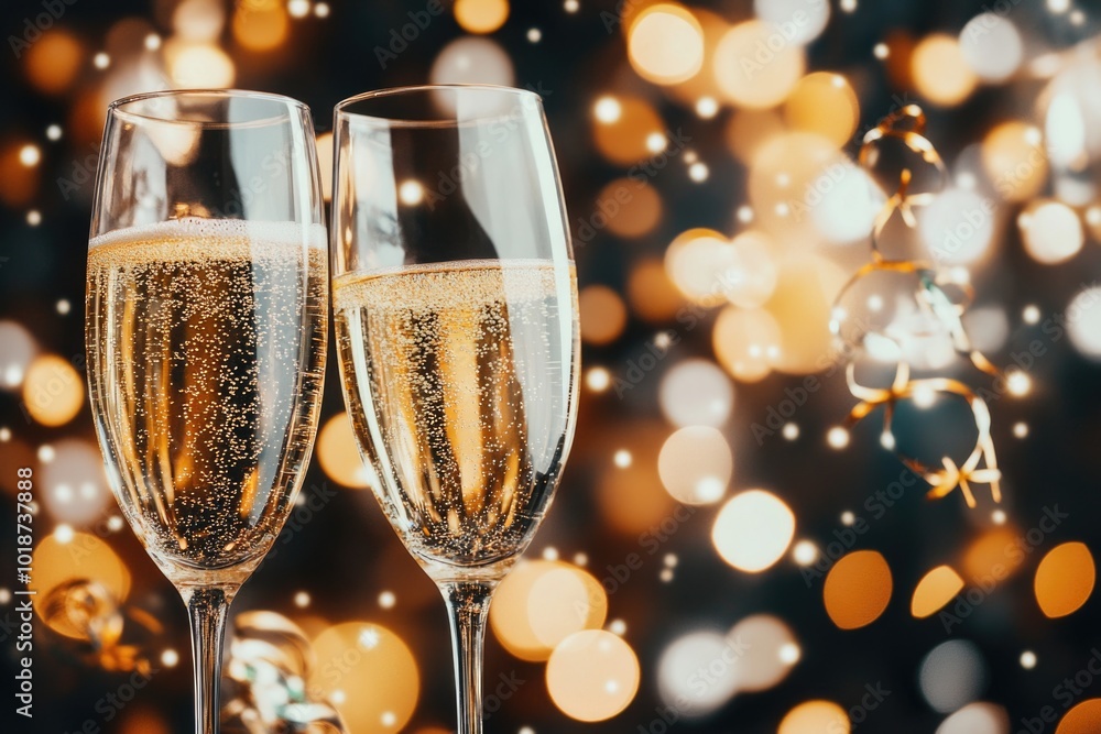 Poster two glasses of champagne on a table with lights in the background