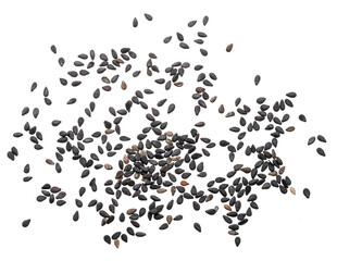 Black cumin seeds isolated on white background. Top view.