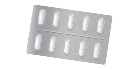 Silver pills blister pack isolated on white background, drug package cut out .