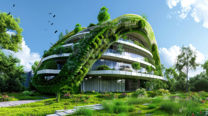 Fototapeta premium A futuristic green building featuring sustainable technologies and designs that achieve the highest levels of green certification