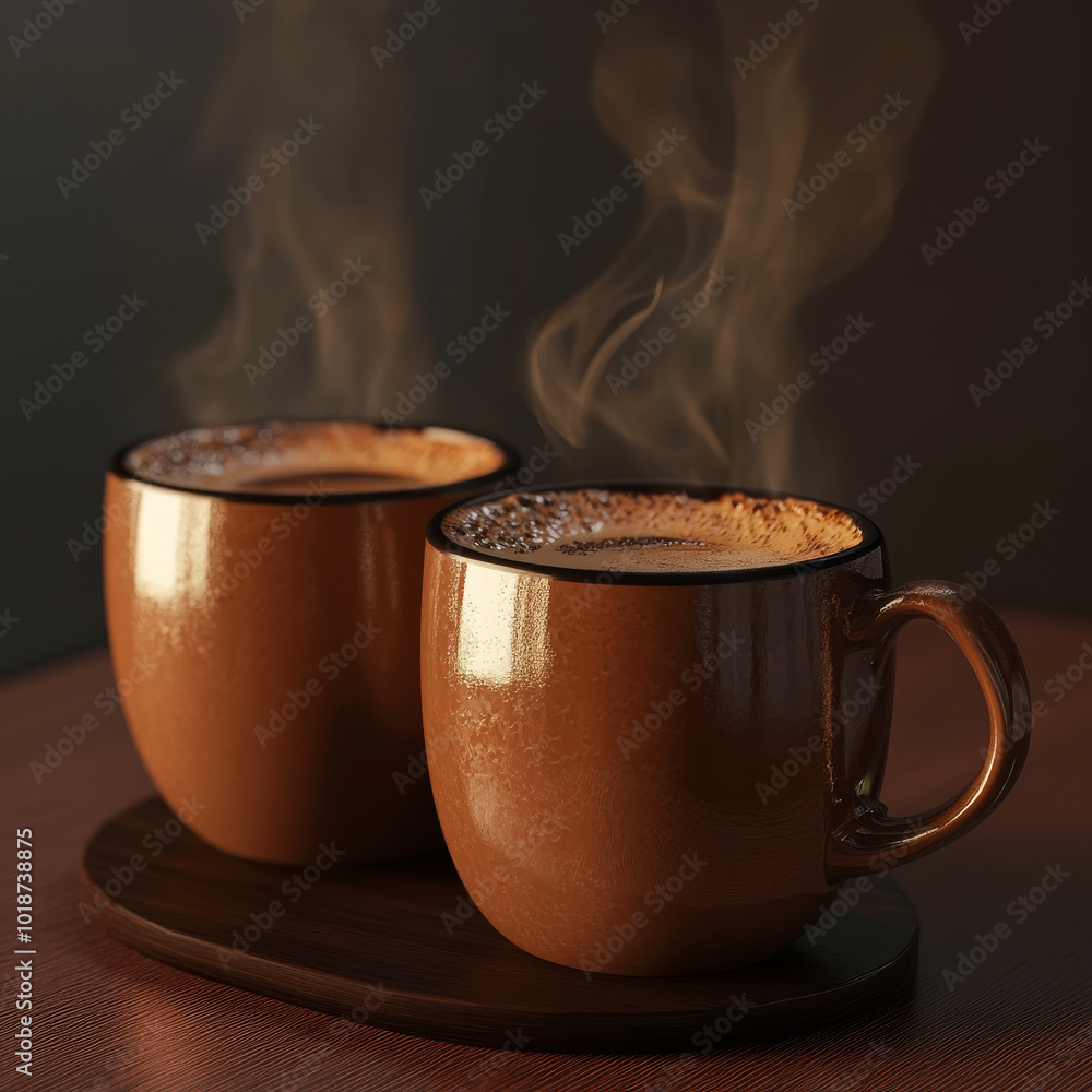 Wall mural warm and inviting, two steaming mugs of hot coffee sit on wooden tray, exuding cozy atmosphere perfe