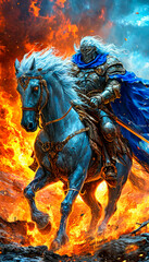 Fototapeta premium Fire and Ice. My nightmare has come to life!The Ice Horseman of the Apocalypse on a fiery background