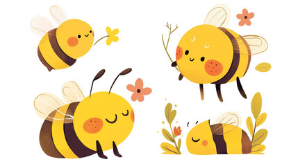 set of Cute cartoon bee illustrations in watercolor style with bold outlines. chibi style, No shadows. Minimalist children's illustration