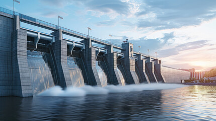 A futuristic hydroelectric dam using cutting-edge technology to generate renewable energy, set against a backdrop of a modern city. Sleek, powerful design with a sense of innovation.