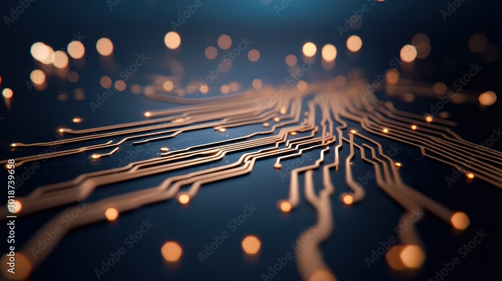 Poster a close up shot of a microchip with intricate circuits, representing the speed of modern technology.