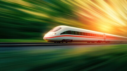 A high speed train hurtling through the countryside, leaving a blur of motion behind.