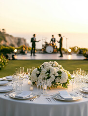 An outdoor wedding reception near the ocean captures romance and elegance with sunset lighting, white florals, and minimalist decor.