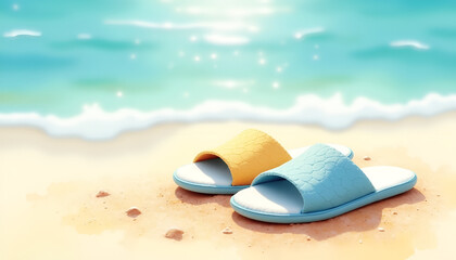 Colorful beach sandals in yellow and blue, resting on a sandy shore with a sparkling ocean in the background