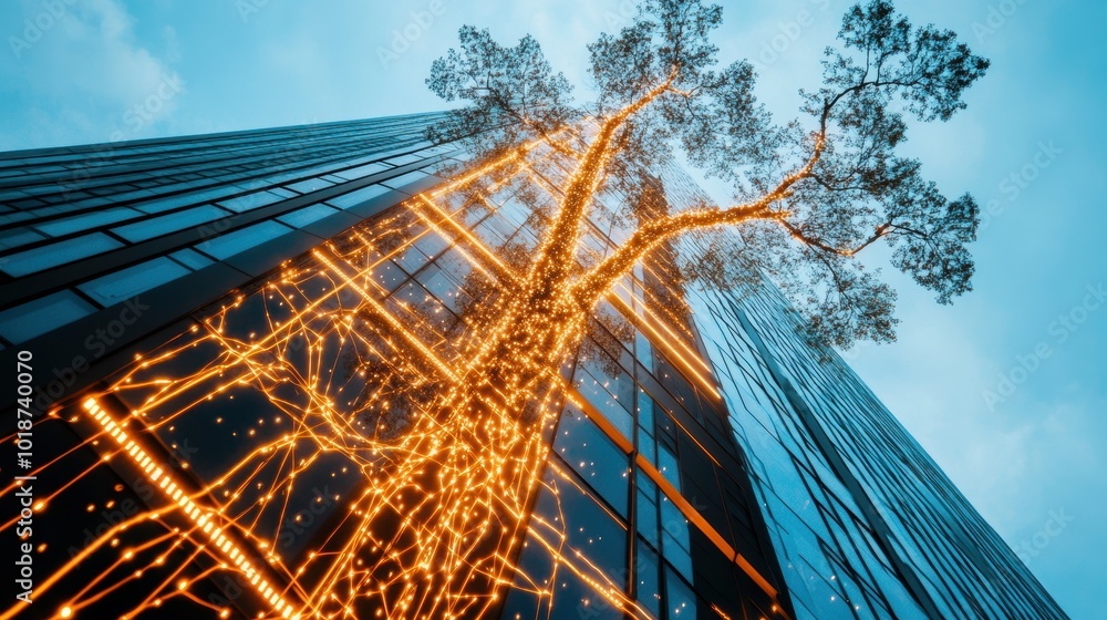 Poster a towering skyscraper with an intricate network of glowing lines, representing smart building techno