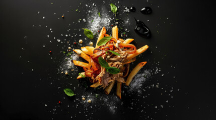 Deconstructed Duck Confit Poutine centered against a black background, surrounded by ample negative space for clean extraction.