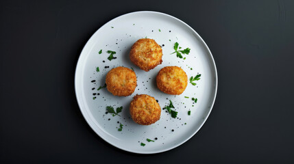 Duck Confit Croquettes on a plate centered against a black background, surrounded by ample negative space for clean extraction.