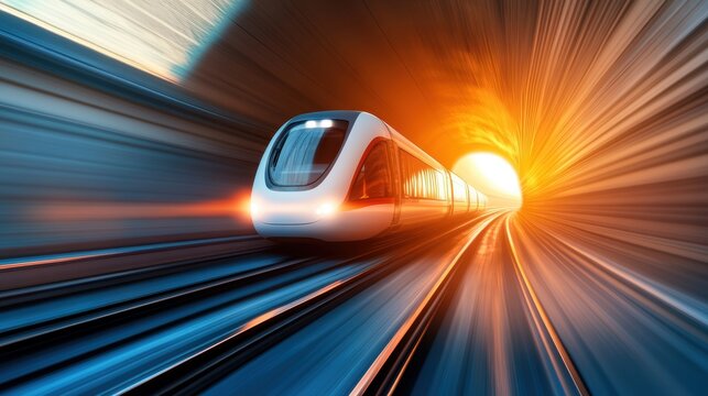A futuristic hyperloop train travelling at high speed through a tunnel, showcasing high speed transportation.