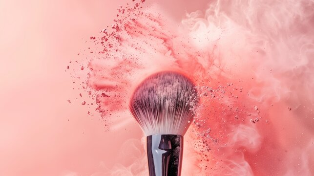 A makeup brush disperses vibrant pink powder elegantly, captivating motion and beauty.