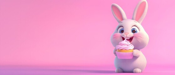 Obraz premium Adorable 3D Bunny Holding a Cupcake with a Pink Background
