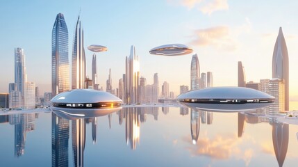 Naklejka premium Futuristic Cityscape with Hovering Vehicles at Sunset