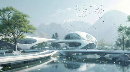 Obraz premium A futuristic urban landscape where renewable energy solutions power smart homes, transportation, and public spaces. Sleek design with clean energy integration.