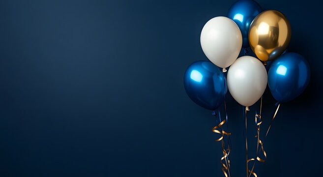 Holiday illustration of balloons with golden ribbon on dark navy background. Happy birthday celebration party banner template design with copy space