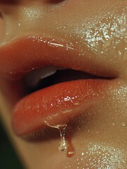 Fototapeta premium Close-up of a Wet Lip with a Droplet Hanging