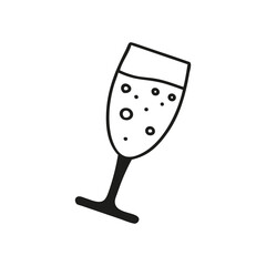 Simple minimalist illustration of a champagne glass with bubbles, set against a white background,