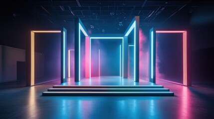 Neon-lit Stage with Colorful Lighting Effects