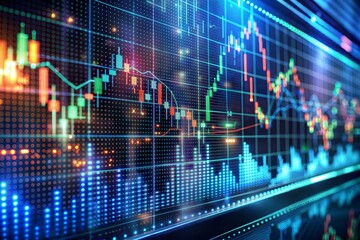 Digital screen with financial charts and graphs showing stock market patterns