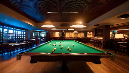a pool or billiards table in a pool hall or bar with interesting lighting