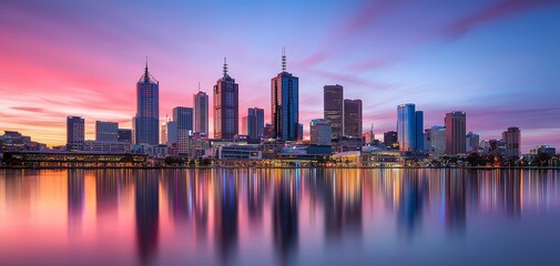 Obraz premium Brightly lit urban skyline with bold reflections on calm waters, showcasing a futuristic city vibe, perfect for cityscape photography, travel promotions, or vibrant city designs