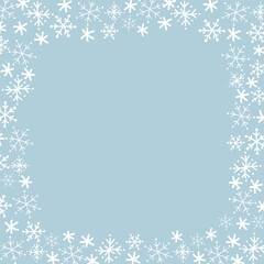 Snowflake Square Frame. Winter Holiday Background. Christmas Greeting Card Template. Free Space for Your Text. Vector Illustration on  Light Blue Background