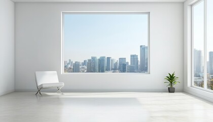 Chic modern living room in a high-rise with a breathtaking city skyline view, minimalist furniture and natural light, ideal for real estate ads, interior design magazines, or architectural showcases