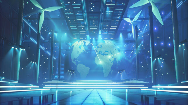 A global renewable energy summit focused on addressing climate change, set in a futuristic and eco-friendly venue. Bright and professional visuals.