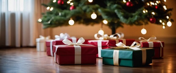 Obraz premium A cozy living room adorned with a festive Christmas tree, decorated with sparkling lights and colorful baubles, surrounded by a variety of thoughtfully wrapped gift boxes waiting to be opened. AI art