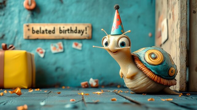 Cute snail with party hat &ndash; funny belated birthday greeting card