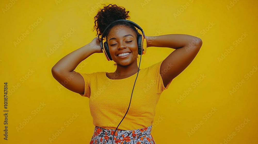 Wall mural a lively young woman dances while listening to music through headphones, her full figure visible aga