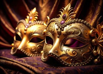 Obraz premium Elegant Gold Masquerade Masks Displayed on a Rich Velvet Background for Festive Occasions and Parties