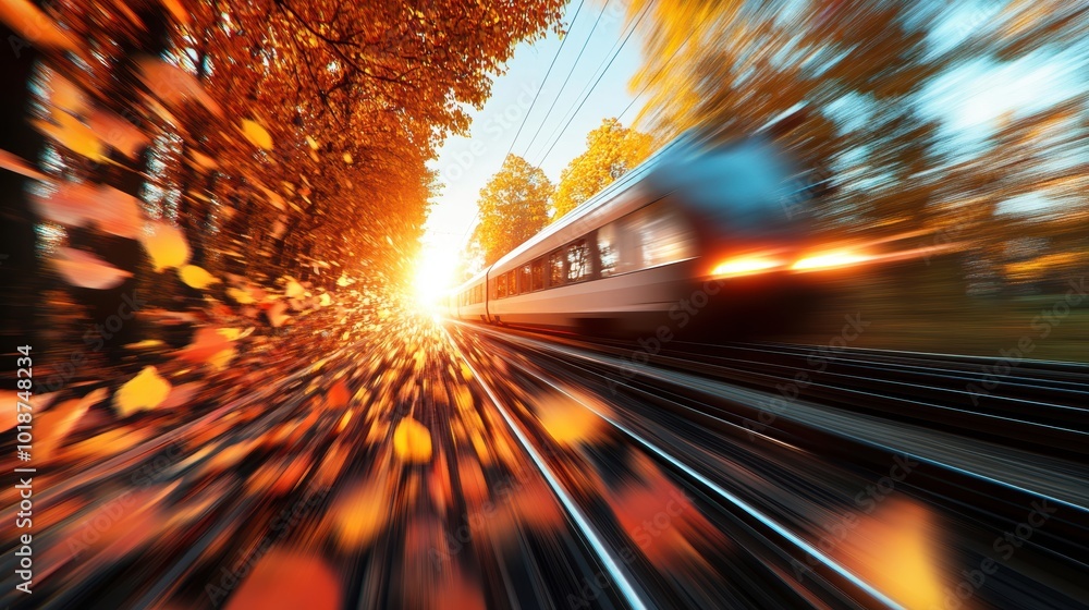 Poster a speeding train leaving a trail of color and light, with the scenery blurring and distorting into a