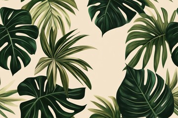 A vintage tropical green leaves pattern, featuring hand-drawn illustrations of palm and monstera leaves in soft, muted tones, perfect for retro-inspired decor or fashion prints.