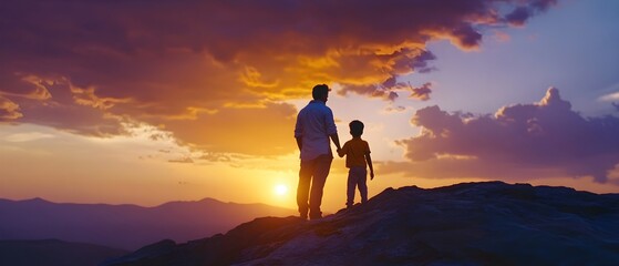 Indian father and son on mountain at sunset, vibrant sky, wide-angle view, joyful expressions