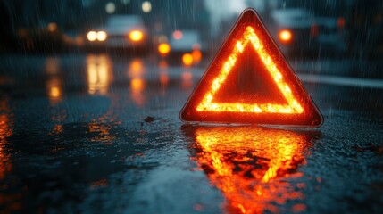 Red Emergency Triangle Reflecting on Wet Roads at Night for Safety Signage Usage