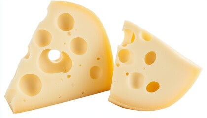 Close-up of Swiss cheese slices with large holes, isolated on white, vibrant and detailed, ideal for cheese branding, gourmet food visuals, or recipe blogs