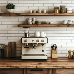 modern coffee machine sits on wooden kitchen countertop, surrounded by neatly arranged cups and utensils on open shelves. warm tones create cozy atmosphere perfect for brewing coffee